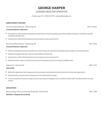 Licensed Reactor Operator Resume