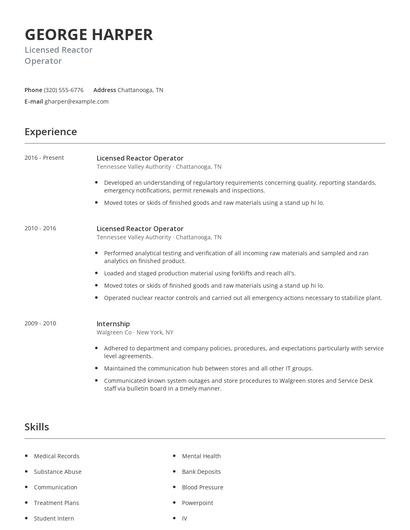 Licensed Reactor Operator Resume