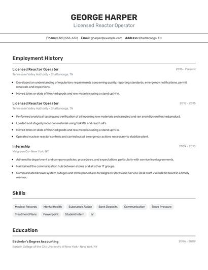 Licensed Reactor Operator Resume
