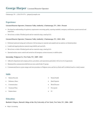 Licensed Reactor Operator Resume
