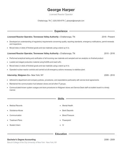 Licensed Reactor Operator Resume
