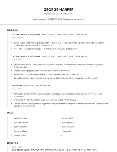 Licensed Reactor Operator Resume