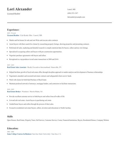 Licensed Realtor Resume