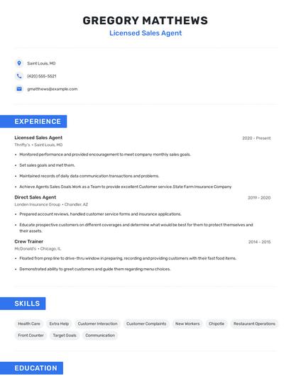 Licensed Sales Agent Resume
