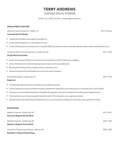 Licensed Social Worker Resume