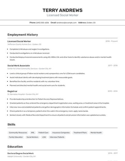 Licensed Social Worker Resume