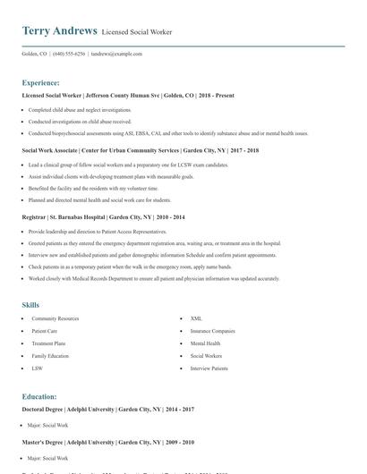 Licensed Social Worker Resume