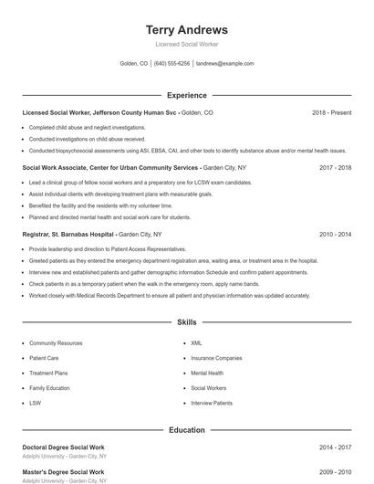 Licensed Social Worker Resume