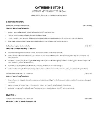 Licensed Veterinary Technician Resume