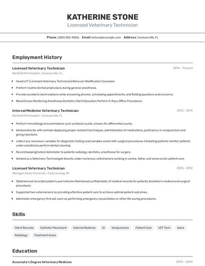 Licensed Veterinary Technician Resume