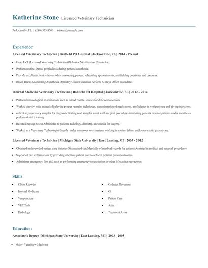 Licensed Veterinary Technician Resume