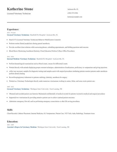 Licensed Veterinary Technician Resume