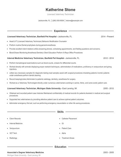 Licensed Veterinary Technician Resume