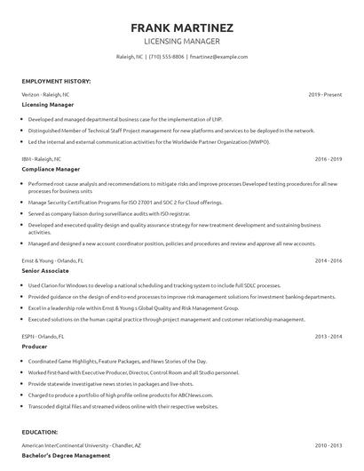 Licensing Manager Resume