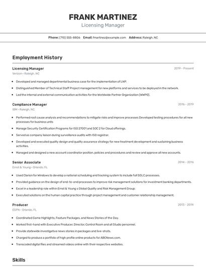 Licensing Manager Resume