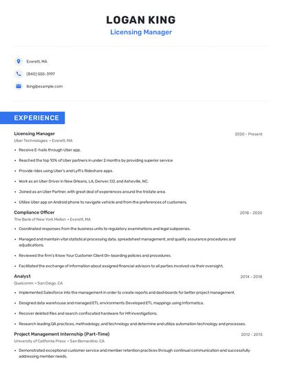 Licensing Manager Resume