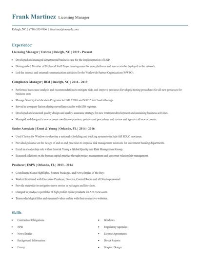 Licensing Manager Resume