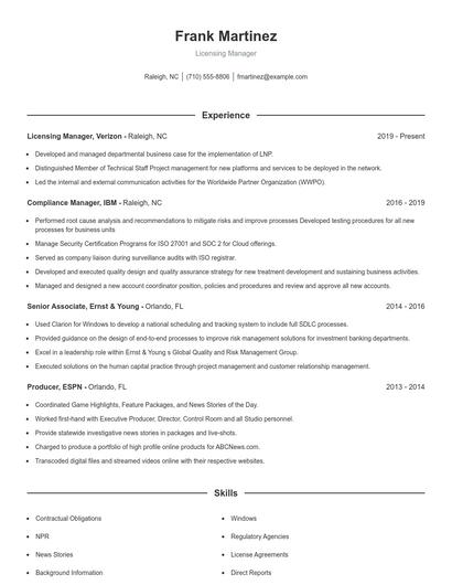 Licensing Manager Resume