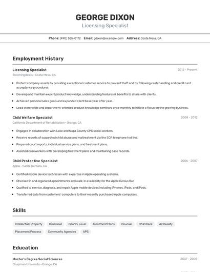 Licensing Specialist Resume