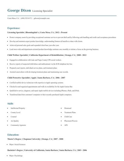 Licensing Specialist Resume