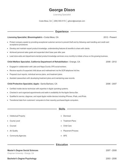 Licensing Specialist Resume
