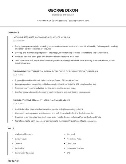 Licensing Specialist Resume