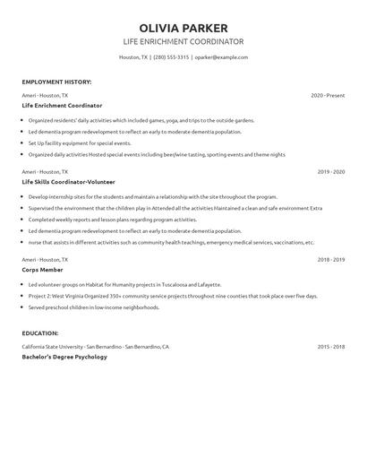 Life Enrichment Coordinator Resume
