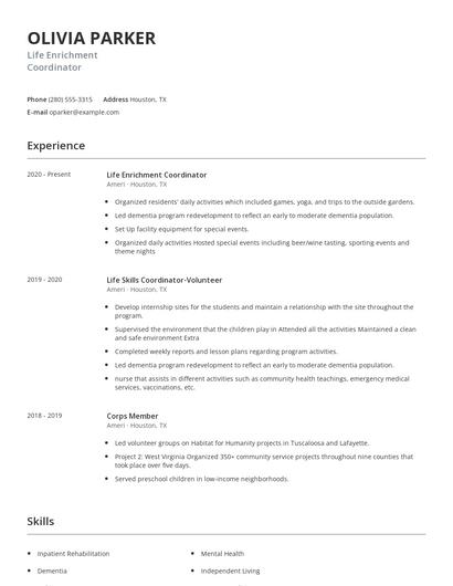 Life Enrichment Coordinator Resume