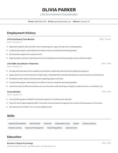 Life Enrichment Coordinator Resume
