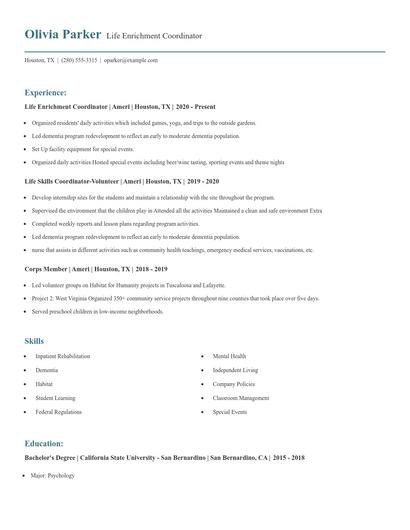 Life Enrichment Coordinator Resume