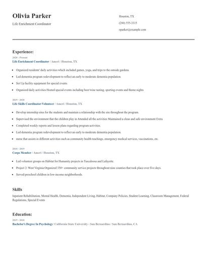 Life Enrichment Coordinator Resume