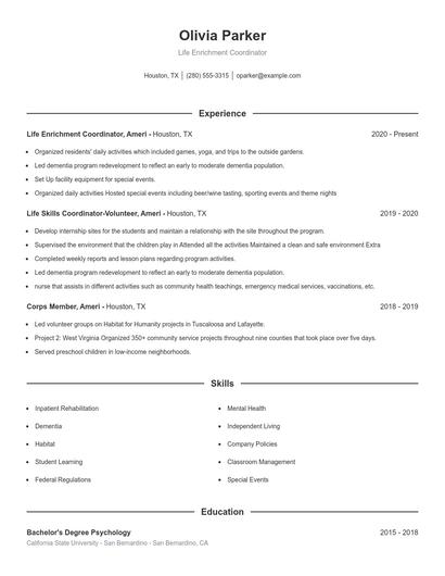 Life Enrichment Coordinator Resume