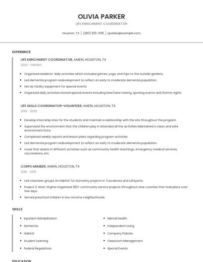 Life Enrichment Coordinator Resume