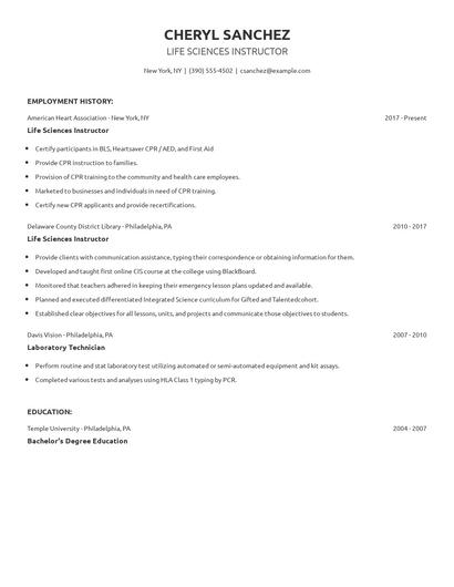 Life Sciences Instructor Resume