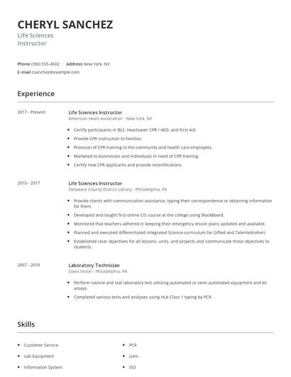 Life Sciences Instructor Resume