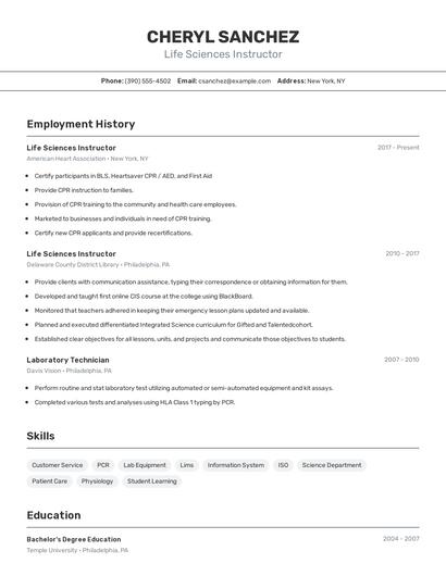 Life Sciences Instructor Resume