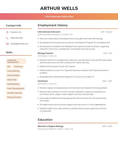 Life Sciences Instructor Resume