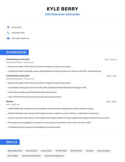 Life Sciences Instructor Resume
