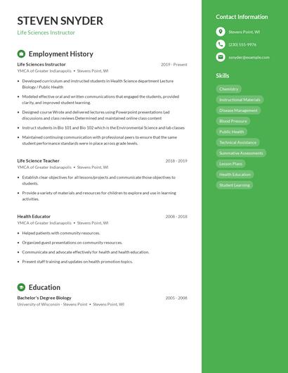 Life Sciences Instructor Resume