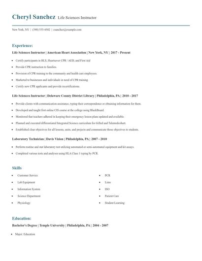 Life Sciences Instructor Resume