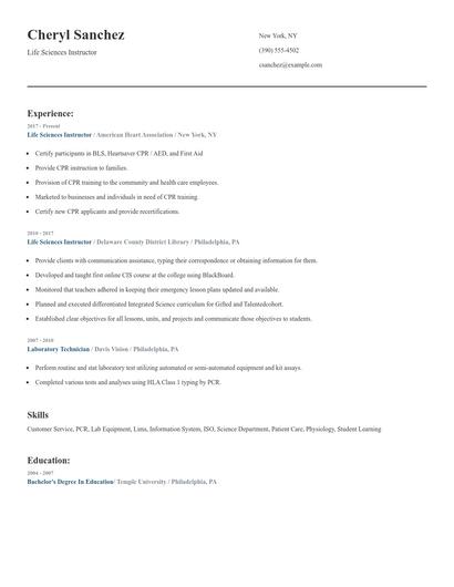 Life Sciences Instructor Resume