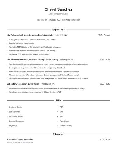 Life Sciences Instructor Resume