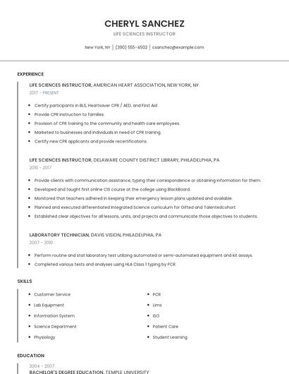 Life Sciences Instructor Resume