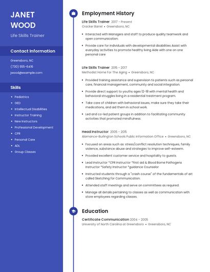 Life Skills Trainer Resume
