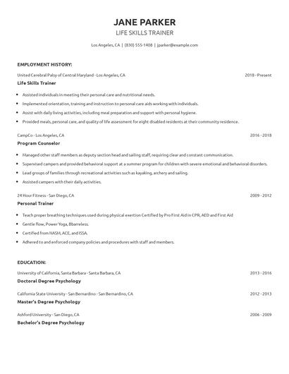 Life Skills Trainer Resume