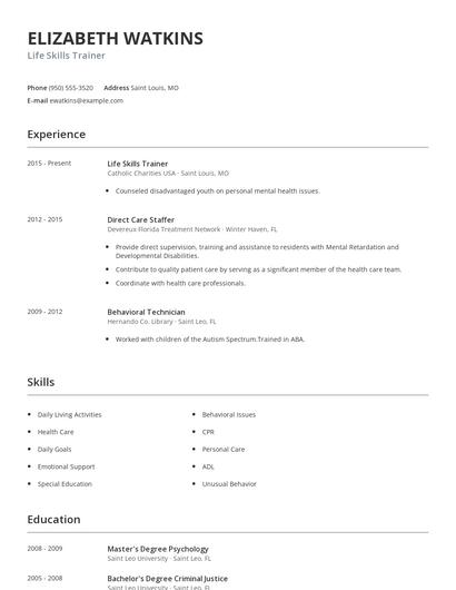 Life Skills Trainer Resume