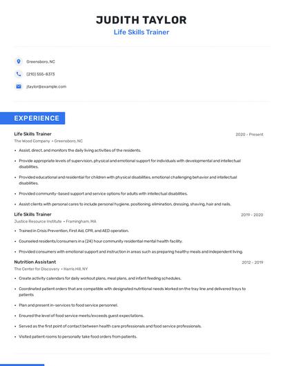 Life Skills Trainer Resume