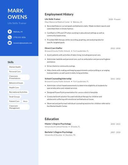 Life Skills Trainer Resume