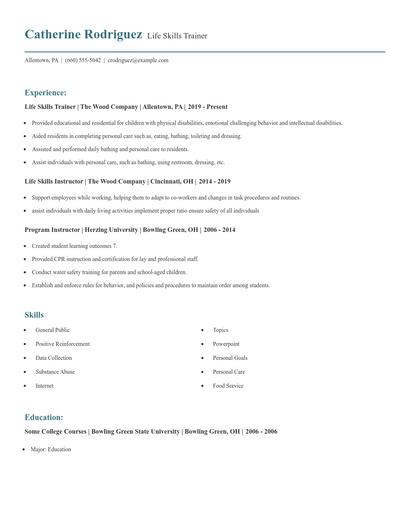 Life Skills Trainer Resume