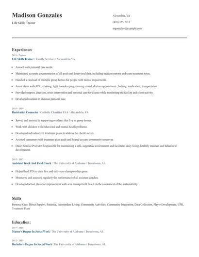Life Skills Trainer Resume